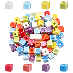 SUPERFINDINGS 120Pcs 8 Colors Handmade Porcelain Ceramic Beads, Famille Rose Style, Cube, Mixed Color, 6x6x6mm, Hole: 2mm, 15pcs/color