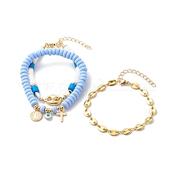 Ensembles de bracelets extensibles, perlés et à maillons, avec la main perles en pate polymère, Pendentif en laiton, Liens en alliage, bleuet, diamètre intérieur: 2-5/8 pouce (6.8 cm), 7.48 pouce (190 mm), 7.28 pouce (185 mm), 3 pièces / kit