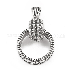 Colgantes de 304 acero inoxidable, mano de esqueleto con colgante de anillo, plata antigua, 49mm, agujero: 4.4x8 mm