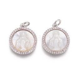 Brass Pendants, with Micro Pave Cubic Zirconia, Shell and Jump Rings, Flat Round with Virgin Mary, Clear, Platinum, 17.5x15x3mm, Hole: 3mm