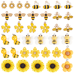 Colgantes de resina y esmalte de aleación de estilo pandahall elite 40 Uds 10, abeja y flor, amarillo, 14~25x12~22.5x2~10mm, agujero: 1~4 mm, 4 piezas / style