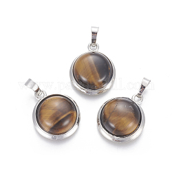 Natural Tiger Eye Pendants, with Brass Findings, Half Round, Platinum, 23~24x19~20x8~10mm, Hole: 8x5mm