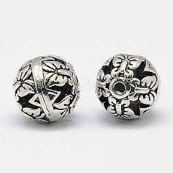 Hollow Round Brass Beads, Nickel Free, Antique Silver, 10mm, Hole: 1mm