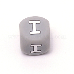 Cuentas del alfabeto de silicona para hacer pulseras o collares, estilo de letra, cubo gris, letter.i, 12x12x12mm, agujero: 3 mm