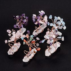 Natural Quartz Crystal Tress Display Decorations, with Natural Mixed Stone Chip Beads and Rose Gold Brass Branch, 46~62x29~43x42~54mm