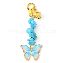 Alloy Enamel Butterfly Pendant Decoration, Synthetic Turquoise Chips and Lobster Claw Clasps Charms, 64mm