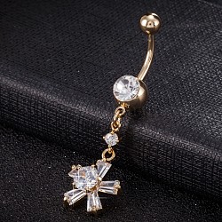 Piercing Jewelry, Brass Cubic Zirconia Navel Ring, Belly Rings, with Surgical Stainless Steel Bar, Cadmium Free & Lead Free, Real 18K Gold Plated, Flower, Clear, 49x14mm, Bar: 15 Gauge(1.5mm), Bar Length: 3/8