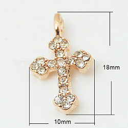 Alloy Rhinestone Pendants, Grade A, Cross, Rose Gold, 18x10x2mm, Hole: 2mm
