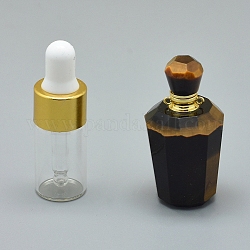 多面的なナチュラルタイガーアイ開閉可能な香水瓶ペンダント  真鍮のパーツとガラスのエッセンシャルオイルのボトル  40~48x21~25mm  穴：1.2mm  ガラス瓶容量：3ml（0.101液量オンス）  宝石の容量：1ml（0.03液量オンス）