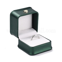 Boîte à bijoux en cuir pu, avec couronne en résine, pour boîte d'emballage de bague, carrée, vert foncé, 5.9x5.9x5 cm