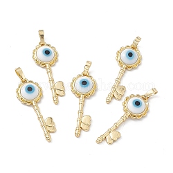 Handmade Evil Eye Lampwork Pendants, with Rack Plating Real 18K Gold Plated Brass Findings, Long-Lasting Plated, Flower Key with Heart, White, 33x12x3.5mm, Hole: 4x7mm