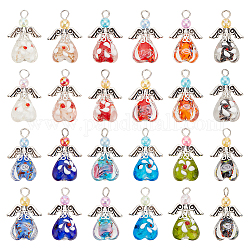 24Pcs 12 Color Handmade Lampwork & Alloy & Acrylic Pendants, Angel Charms, with Iron Loops, Mixed Color, 31x21x10mm, Hole: 3.5mm, 2Pcs/color