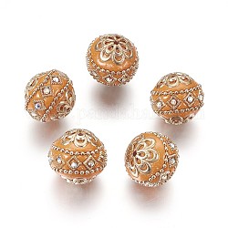 Perles Indonésiennes manuelles, avec les accessoires en métal, ronde, or clair, Sandy Brown, 19.5x19mm, Trou: 1mm