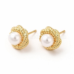 Rack Plating Brass Stud Earrings for Women, with Plastic Imitation Pearl, Long-Lasting Plated, Lead Free & Cadmium Free, Round, Real 18K Gold Plated, 10.5mm, Pin: 0.8mm