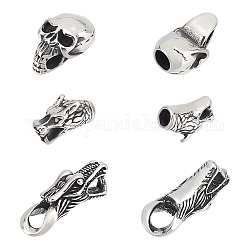 Unicraftale 6Pcs 3 Style 304 Stainless Steel Cord Ends, For Leather Cord Bracelets Making, Skull & Dragon, Antique Silver, 23~36x13~14.5x10~15mm, Hole: 5~6x5.5~9mm, 2Pcs/style