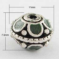 Handmade Indonesia Beads, with Alloy Cores, Flat Round, Antique Silver, Dark Green, 11x7.5mm, Hole: 2mm