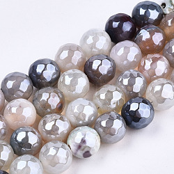 Galvanoplastie perles en agate naturelle brins, teinte, facette, perle plaquée lustre, ronde, blanc antique, 8.5x7~8mm, Trou: 1.2mm, Environ 47~48 pcs/chapelet, 13.78 pouce ~ 13.98 pouces (35 cm ~ 35.5 cm)