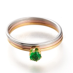 Anillos de dedo de 304 acero inoxidable, anillos apilables, con diamante de imitación, plano y redondo, color mezclado, esmeralda, nosotros tamaño 7~7 3/4 (17.3~17.9 mm), 3 PC / sistema