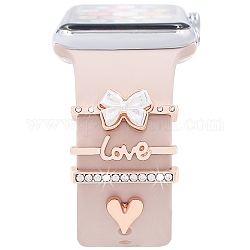 Word Love & Heart Alloy Rhinestones Watch Band Charms Set, Watch Band Studs, Decorative Ring Loops, Rose Gold, Inner Diameter: 2.2x0.35cm, 4pcs/set