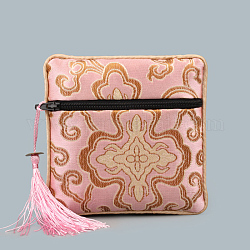 中国風の正方形の布のジッパーの袋  ランダムカラーのタッセルと縁起の良い雲模様付き  ピンク  12~13x12~13cm