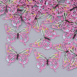 Pendentifs en laiton imprimés, embellissements en métal gravé, papillon, rose chaud, 16.5x19x0.3mm, Trou: 1.5mm