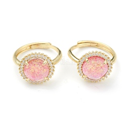 Verstellbare Ringe aus synthetischem Opal, mit Messing micro pave Zirkonia Zubehör, Oval, echtes 18k vergoldet, rosa, Innendurchmesser: 17x18 mm
