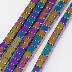 Гальванизировать немагнитных синтетический гематит бисер пряди, кубические, класс А, с покрытием разноцветным, 3x3x3 мм, отверстие : 1 мм, около 127 шт / нитка, 16 дюйм