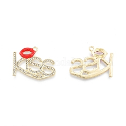 Alloy Rhinestone Pendants, with Enamel, Word Kiss with Lip, for Valentine's Day, Light Gold, 28x34x2mm, Hole: 2mm