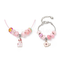 Kit de fabrication de collier de bracelet européen bricolage pour enfant, y compris la fabrication d'un bracelet en chaîne en laiton et d'un collier en corde de cire, pendentif en alliage de style grand trou et perles de résine, rose, pendentif: 29~35 mm, Trou: 5mm, 16 pièces / kit
