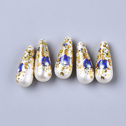 Perline in resina stampata, imitazione perla, lacrima, con motivo floreale, blu, 32x13mm, Foro: 1.5 mm