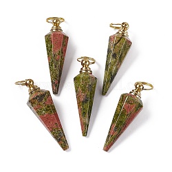 Natural Unakite Openable Perfume Bottle Pendants, Faceted Cone Charm, with Golden Tone Brass Findings, 48~50x15.5~16.5x15.5~16.5mm, Hole: 10.3mm