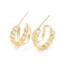 Curb Chain Shape Stud Earrings, Half Hoop Earrings, Brass Open Hoop Earrings for Women, Real 18K Gold Plated, 19x25x19.5mm, Pin: 0.6mm