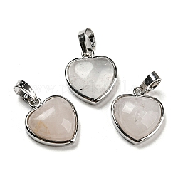 Pendentifs de cristal de quartz naturel, pendentifs en cristal de roche, Breloques cœur avec fermoirs en laiton plaqué platine, 20.5x17.5x7mm, Trou: 4x8mm
