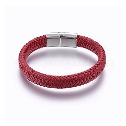 Bracelets en cordon tressé en cuir microfibre bracelets en cordon tressé, avec fermoir magnétique en 304 acier inoxydable, rectangle, rouge, 8-5/8 pouce (22 cm), 12x6mm