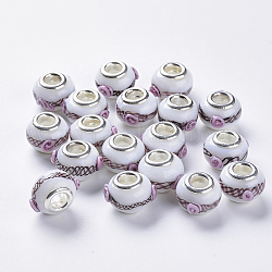 Handgefertigt Murano holprigen europäischen Perlen, Großloch perlen, mit silberner Farbe Messing Doppelkerne, Unterlegscheibe mit Blume, weiß, 14~15x14~15x11 mm, Bohrung: 5 mm