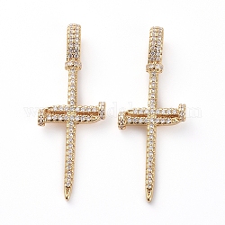 Brass Micro Pave Clear Cubic Zirconia Pendants, Long-Lasting Plated, Cross, Golden, 37x13.5x3mm, Hole: 5.5x3.5mm