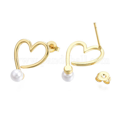 Wholesale Brass Open Heart Stud Earrings with ABS Plastic Pearl