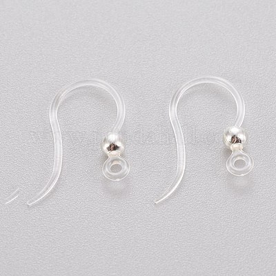 Eco-Friendly Plastic Earring Hooks, with 304 Stainless Steel Beads and  Horizontal Loop, Round, Silver, 15.5x8x0.7mm, Hole: 1.2mm, 24 Gauge, Pin:  0.5mm