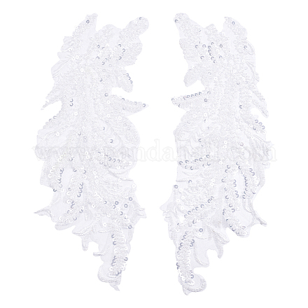 リーフポリエステル刺繍レースアップリケ  チャイナドレスの飾りアクセサリー  ドレス  ホワイト  342x125x3mm  1ペア/ボックス DIY-FG0003-90A-1