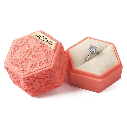 エンボス六角プラスチックリング収納ボックス  結婚指輪ケース スポンジ付き  鮭色  5.5x5x4.85cm CON-P020-C02-1
