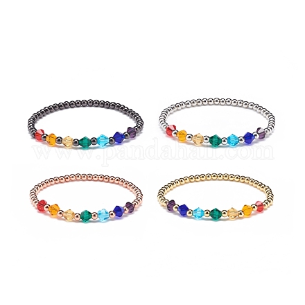 4 x 4-farbiges Glas-Doppelkegel- und Messing-Stretch-Armband mit runden Perlen für Damen BJEW-JB08712-1