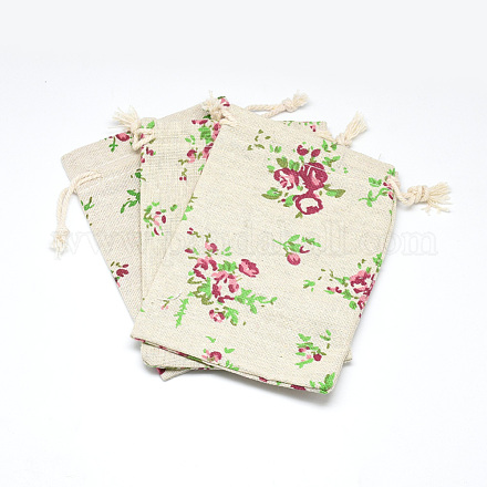 ポリコットン（ポリエステルコットン）パッキングポーチ巾着袋  印刷された花で  小麦  14x10cm ABAG-T004-10x14-10-1