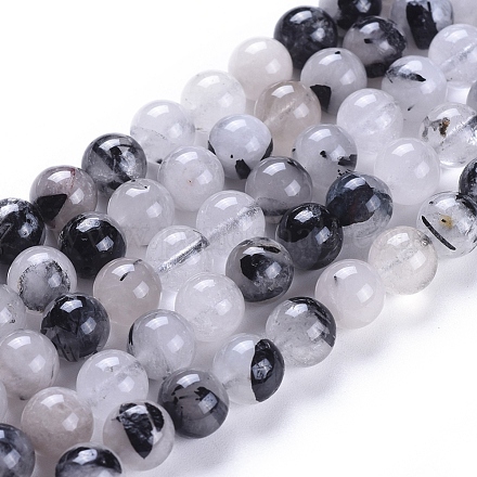 Quartz naturel tourmaliné / perles de quartz rutile noires G-E558-04-8mm-1