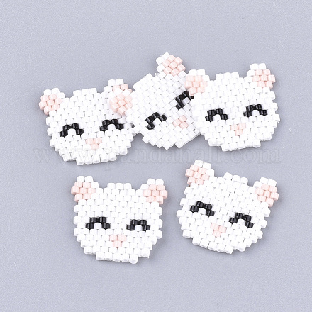 手作り子猫日本のシードビーズ  織機模様  猫の頭  ホワイト  18.5~19x20x2mm SEED-T002-37A-1