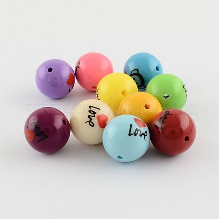 Valentines Day Ornaments Opaque Chunky Gumball Bubblegum Word Love and Heart Printed Acrylic Round Beads SACR-Q094-M-1
