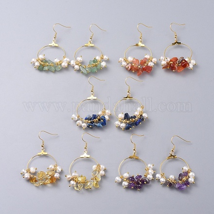 Boucles d'oreilles pendantes de perles de puce de pierres précieuses naturelles EJEW-JE03505-1