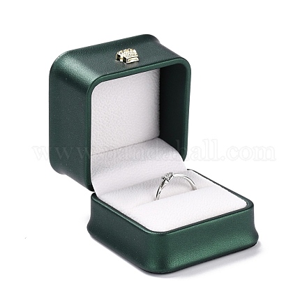 Puレザージュエリーボックス  レジンクラウン付き  リング包装箱用  正方形  濃い緑  5.9x5.9x5cm CON-C012-03D-1