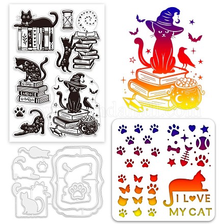 Globleland 猫の魔法の本 クリアスタンプとダイセット 魔法の本のスタンプとエンボスダイセット カード作成用 猫 ペット ステンシル テンプレート DIY スクラップブック装飾 手作り工芸品ノート DIY-GL0004-52-1