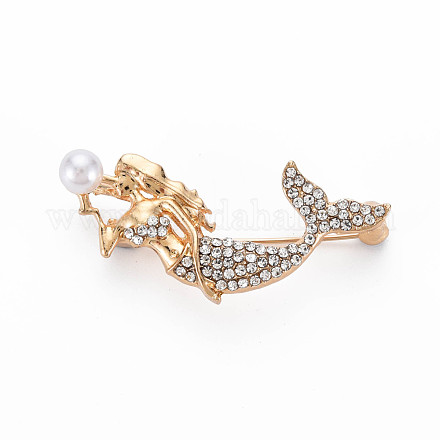 模造真珠のクリスタルラインストーンマーメイドブローチ  バックパックの服のための魚の合金の襟章  ニッケルフリー＆鉛フリー  ライトゴールド  21x42x9mm  ピン：0.8mm JEWB-N007-025LG-FF-1