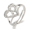 Heart with Letter Rack Plating Brass Micro Pave Clear Cubic Zirconia Adjustable Rings for Women, Lead Free & Cadmium Free, Platinum, Letter A, Inner Diameter: 16mm